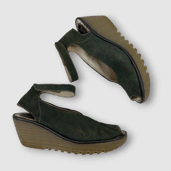 Fly London Olive Green Perforated Leather Wedge Sandals Size 41 - Picture 8 of 8